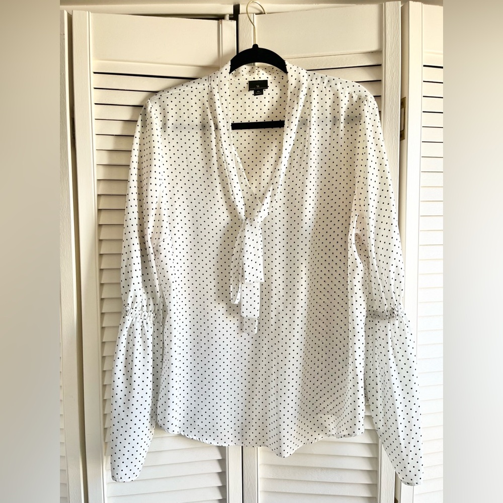 WORTHINGTON Black and White polka dot blouse with chest tie and flare sleeves.
